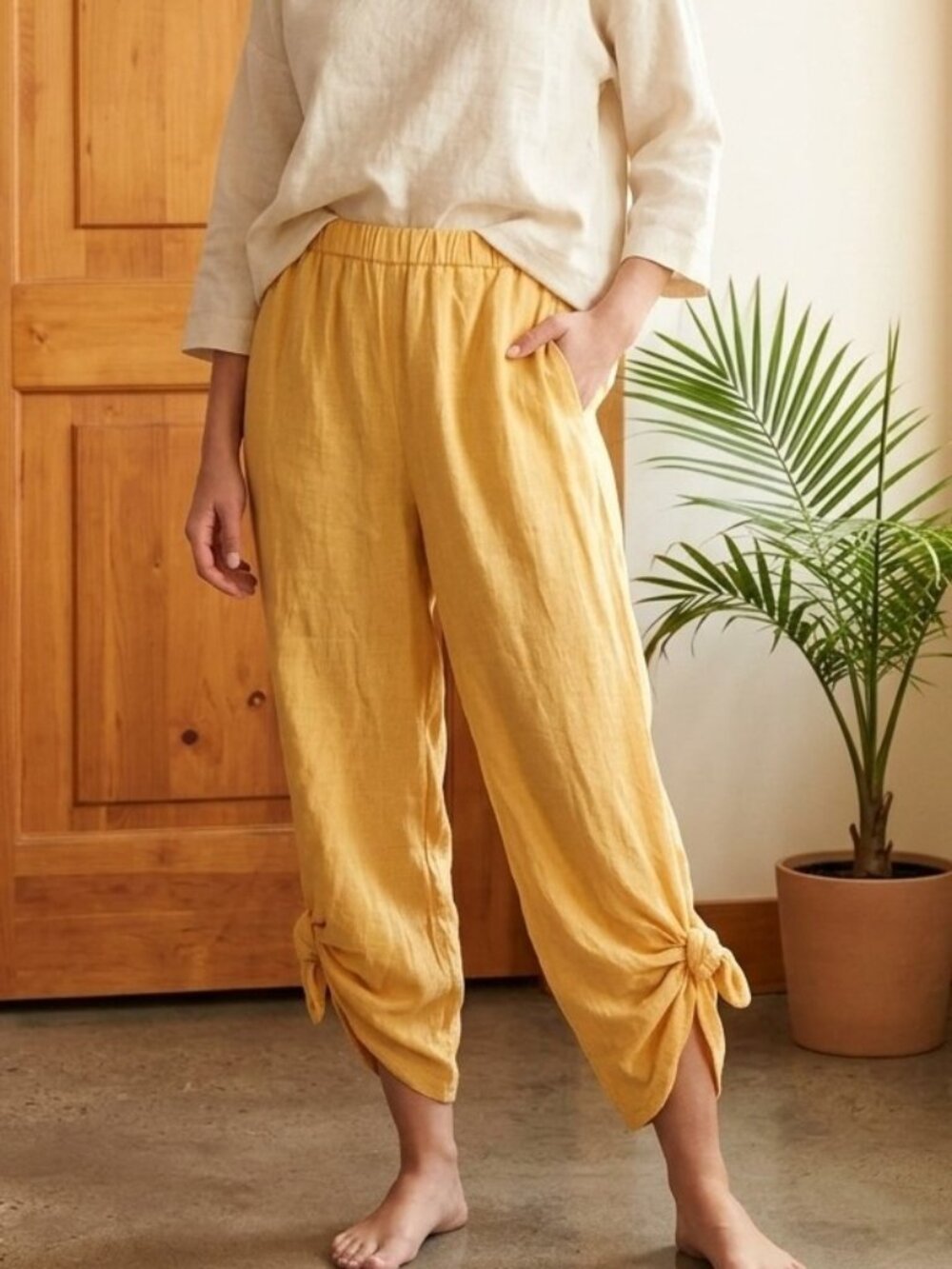 Love In Italian Linen Tie Ankle Pants Yellow Mustard Boho Lagenlook O/S